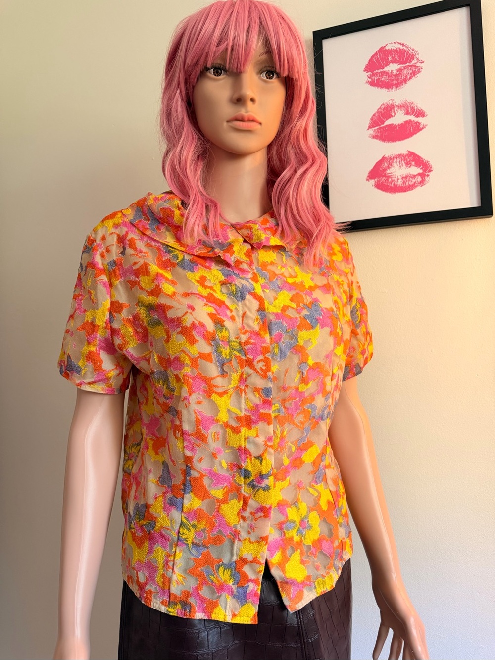 Vintage 70s Bonwit Teller Sheer Psychedelic Floral Blouse - Size 16/36